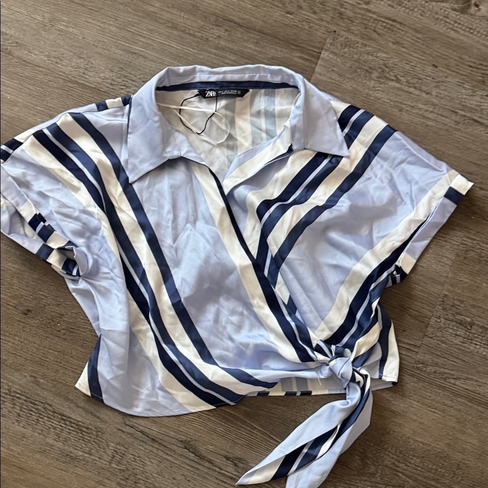 Zara Light Blue and Navy Striped Blouse